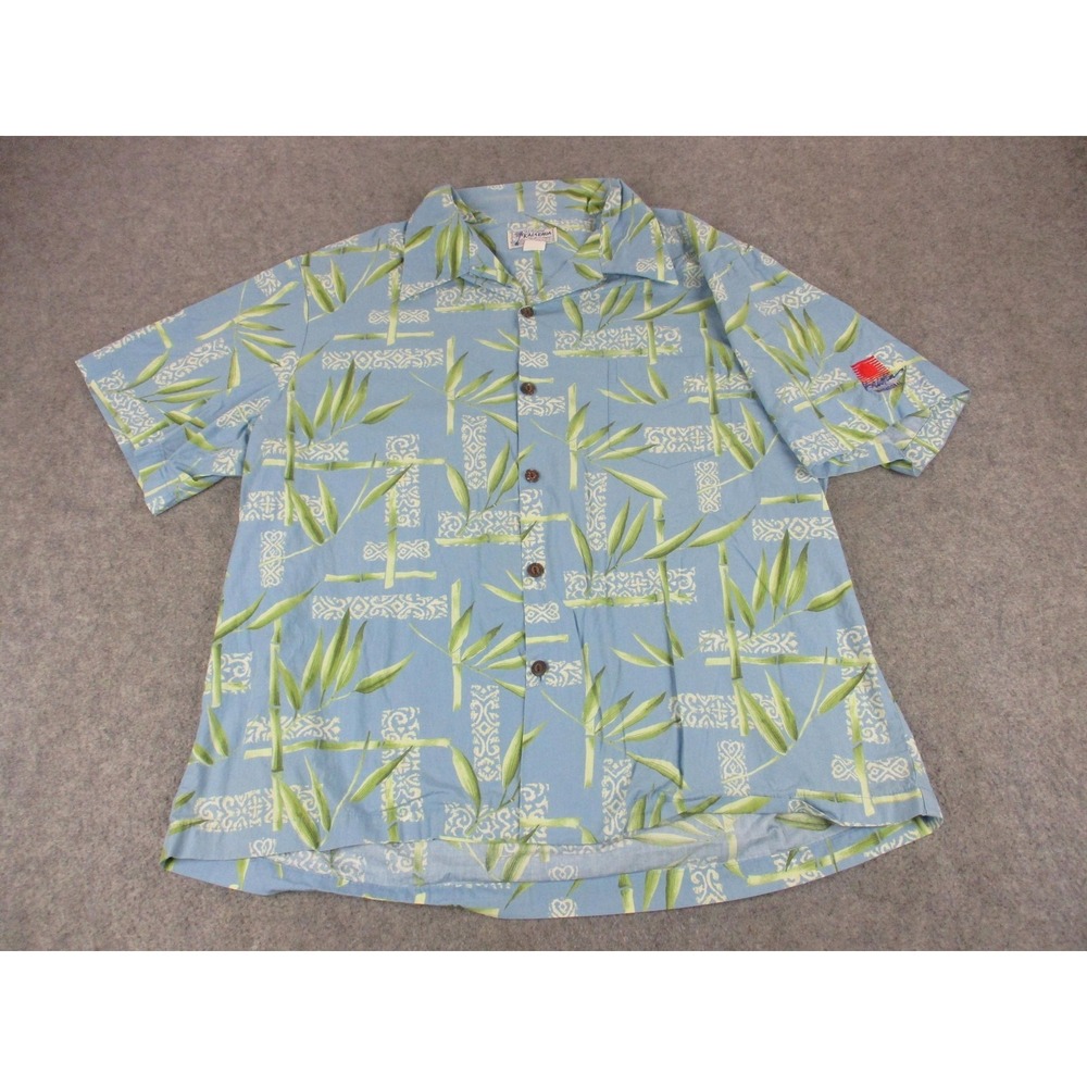 VINTAGE Kalakaua Shirt Mens Extra Large Blue Green Bamboo Hawaiian Embroidered